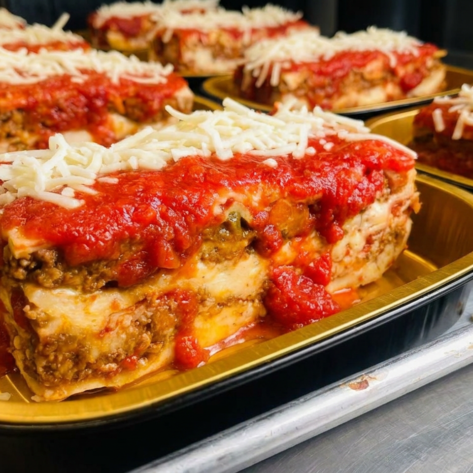 Trays of layered meatloaf topped with tomato sauce and shredded cheese arranged on a stainless-steel serving counter.