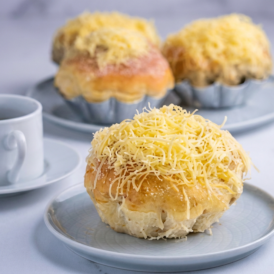 Cheesy golden pastry on a patterned plate, with additional pastries and a white coffee cup on a table.