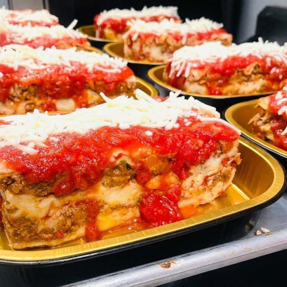 Multiple trays of lasagna layered with meat, tomato sauce, melted cheese, and shredded cheese on a restaurant serving counter.