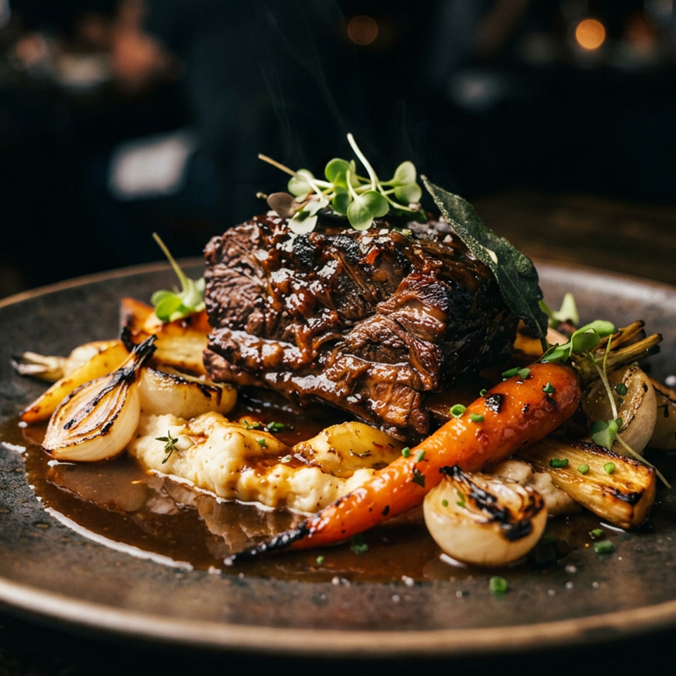 Grilled steak with roasted carrots, onions, mushrooms, mashed potatoes, and sauce on a dark plate in a dim restaurant.