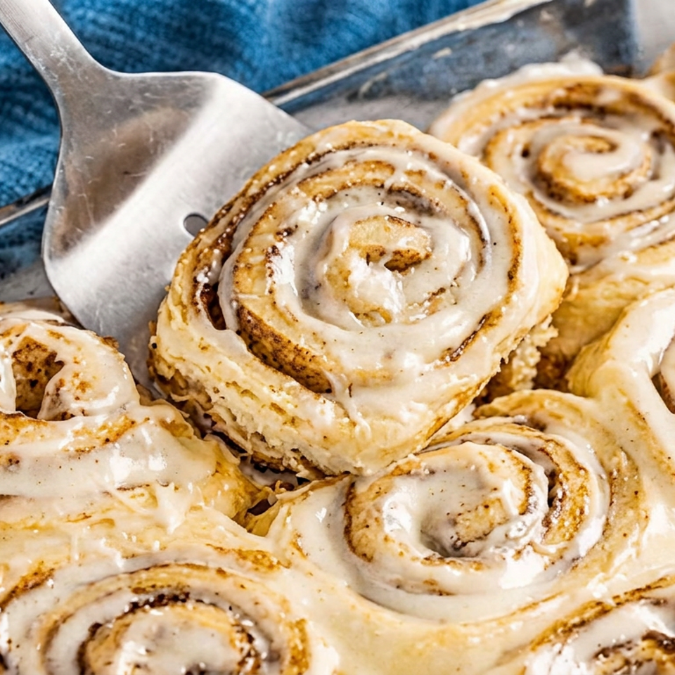 Freshly baked cinnamon rolls coated in creamy icing sit in a glass baking dish beside a metal spatula.