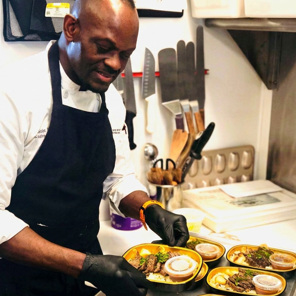 Chef in a commercial kitchen plates prepared meals into takeaway containers, surrounded by knives, utensils, and stainless-steel equipment.