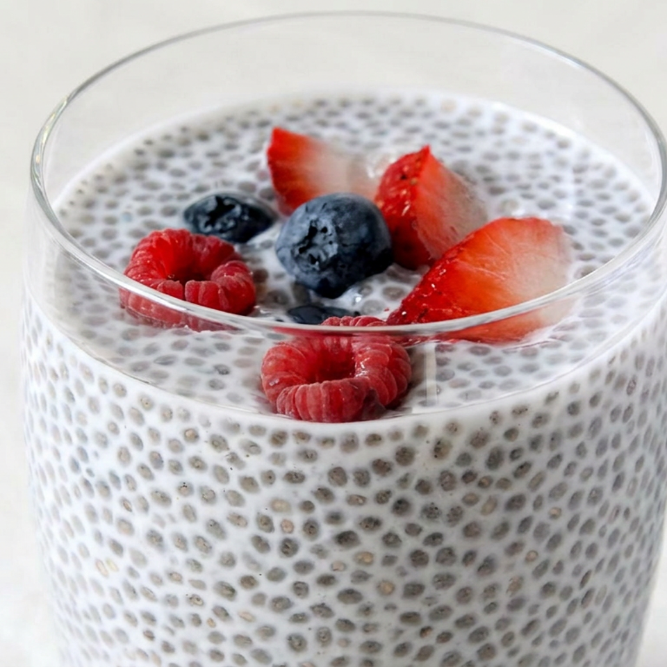 Glass of chia seed pudding topped with fresh raspberries, blueberries, and sliced strawberries.