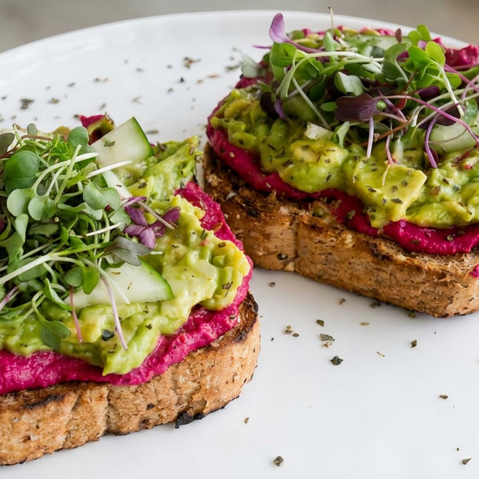 Two slices of toast topped with beetroot spread, mashed avocado, cucumber, and microgreens on a white plate.