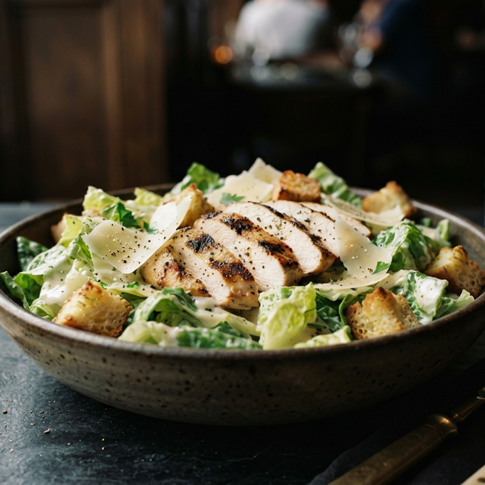 Grilled chicken Caesar salad with romaine, Parmesan, and croutons on a rustic table beside lemon water and utensils.