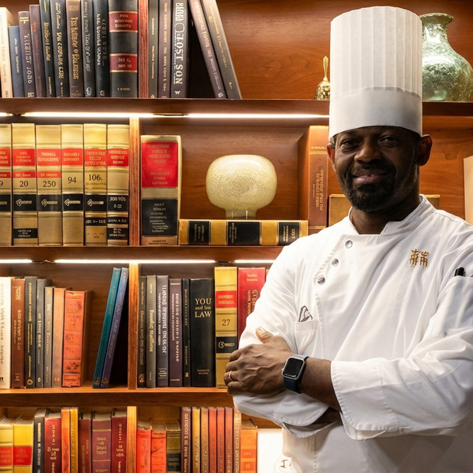 Chef in a white uniform and tall toque stands before warmly lit wooden bookshelves filled with books and decorative vases.