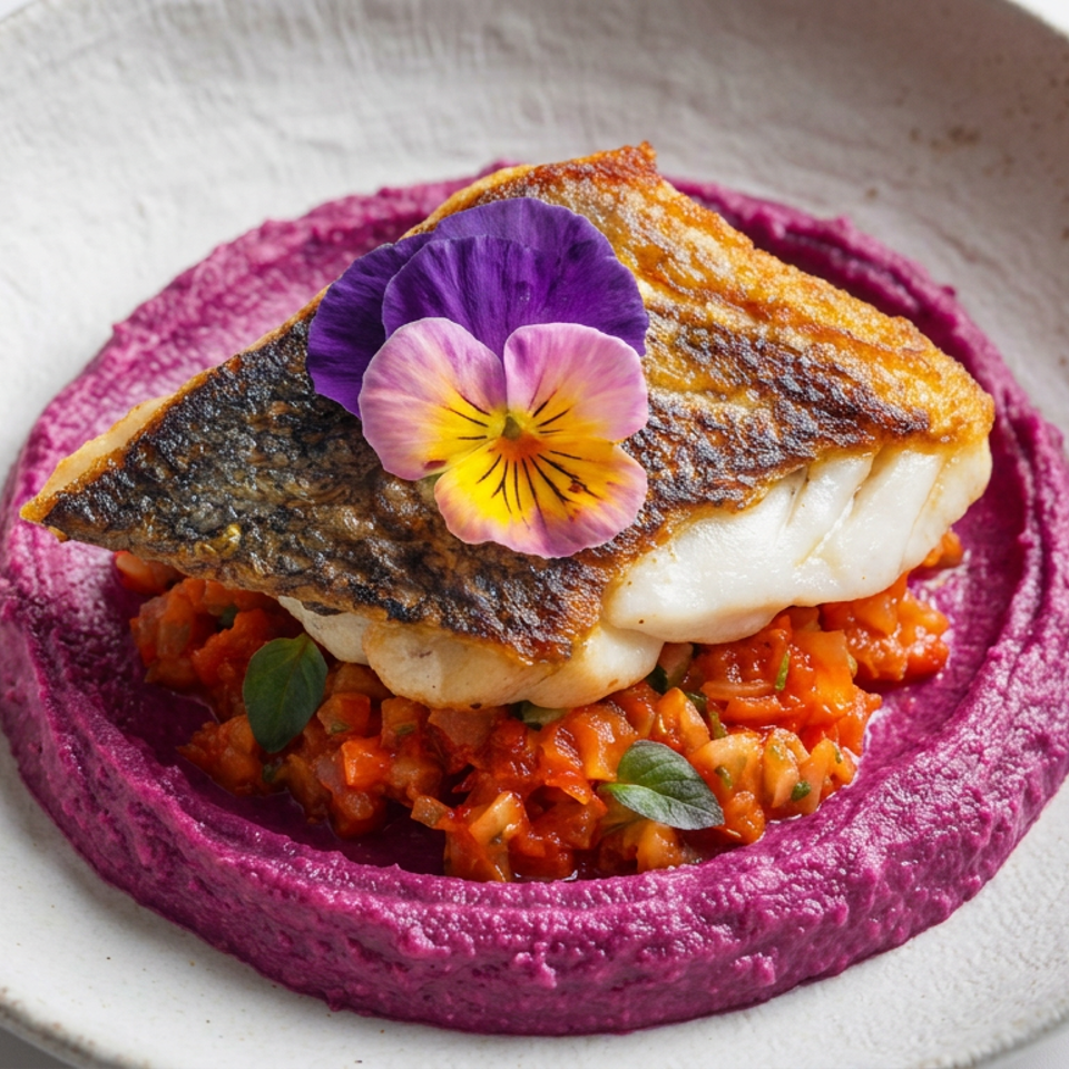 Seared white fish fillet served over beetroot purée and tomato relish, garnished with edible flowers and herbs.